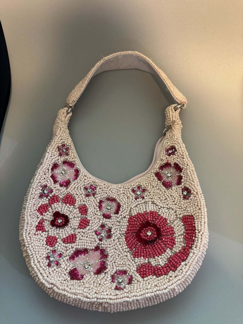 Studio 12 Hand-Beaded Floral Hobo Shoulder Bag in Cream and Pink